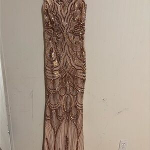 Gold Sequin Embellished Strapless Prom Gown